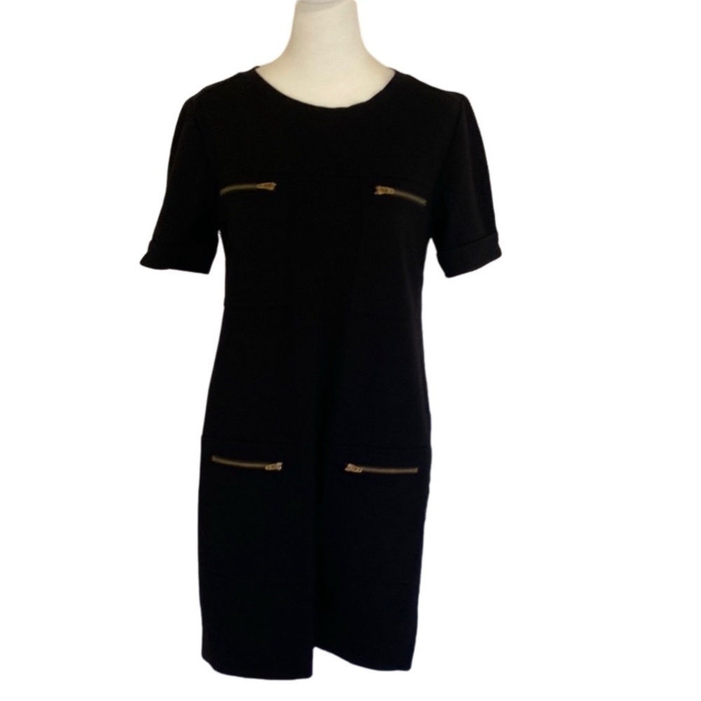 J. Crew Black Mod Shift Mini Dress. Gold zippers on Chest and Hips. Size 2. - Picture 2 of 14